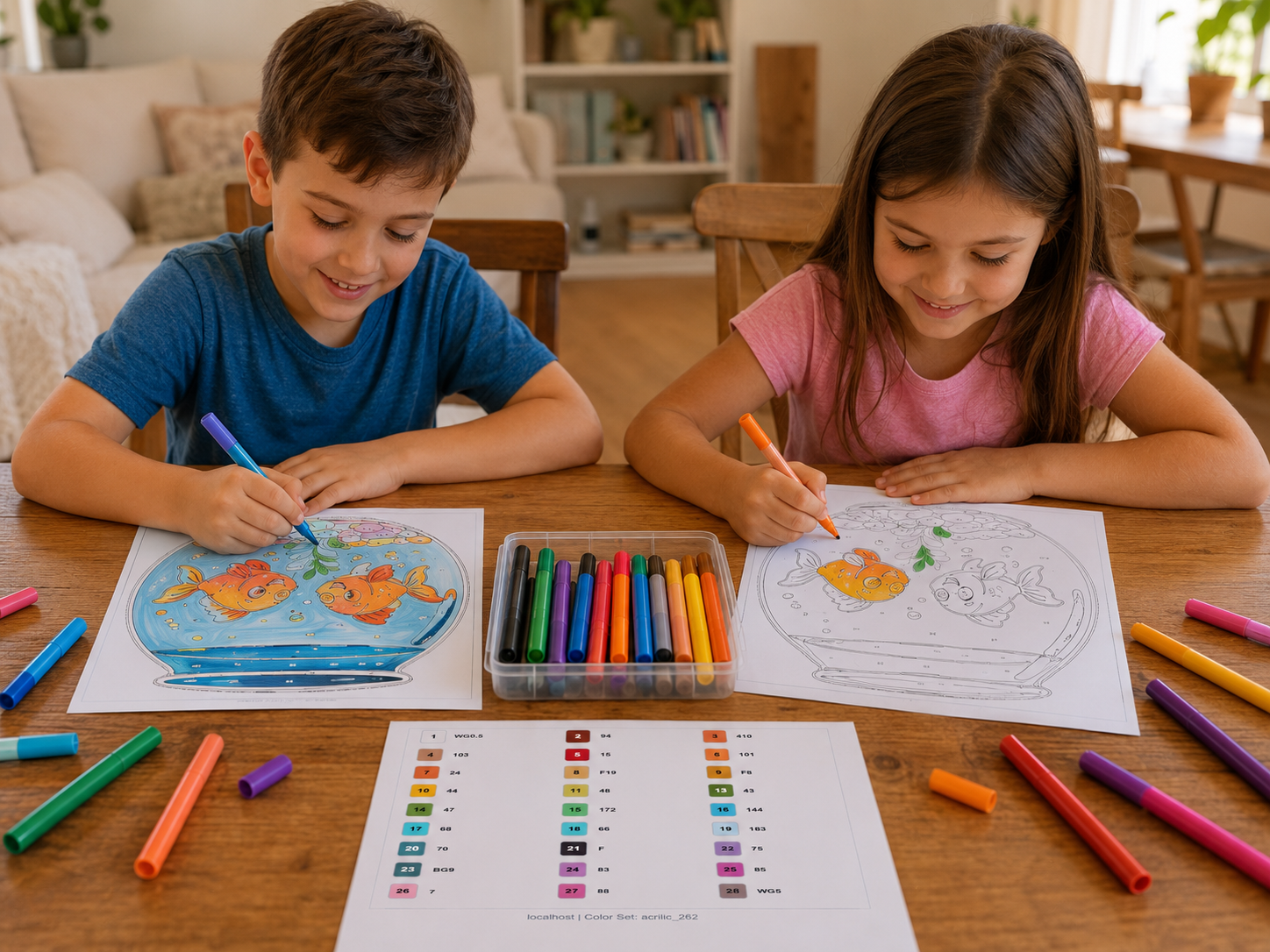 Printed paint by number guide being colored by hand with markers
